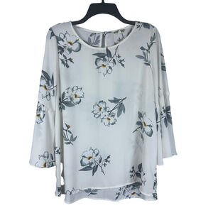 Pleione Women`s Sheer Floral White Green Bell  Sleeve Tunic‎ Blouse Size Large